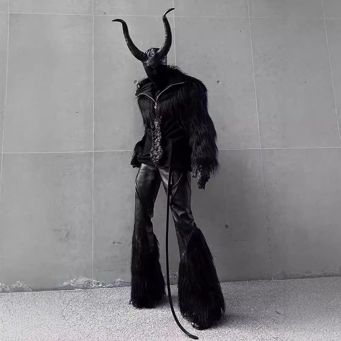 Men's Statement Faux Fur Jacket with Long Shaggy Sleeves and Asymmetrical Zipper Fashion Glam