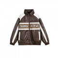 Unisex Retro-inspired Faux Leather Bomber Jacket with Stand-up Collar, Contrast Stripes and Letter Patch Fashion Glam
