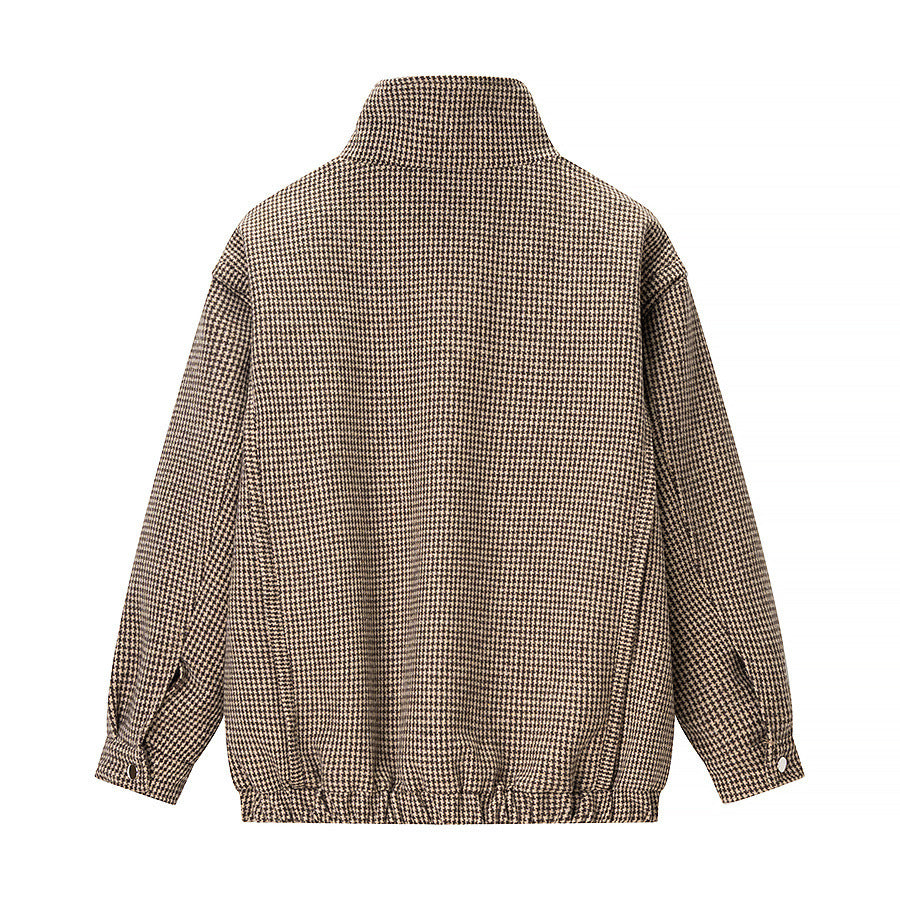 Women Structured Knitted Bomber Jacket with High Stand-Up Collar and Ribbed Hem Fashion Glam