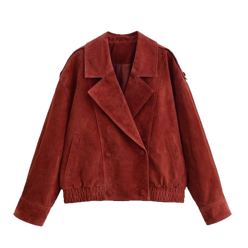Women's short blazer made of suede leather with oversized silhouette and double-breasted lapel Fashion Glam