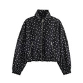 Women Cropped Dotted Bomber Jacket with High Stand Collar, Zipper Pockets, and Elastic Hem Fashion Glam