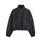 Women Cropped Dotted Bomber Jacket with High Stand Collar, Zipper Pockets, and Elastic Hem Fashion Glam