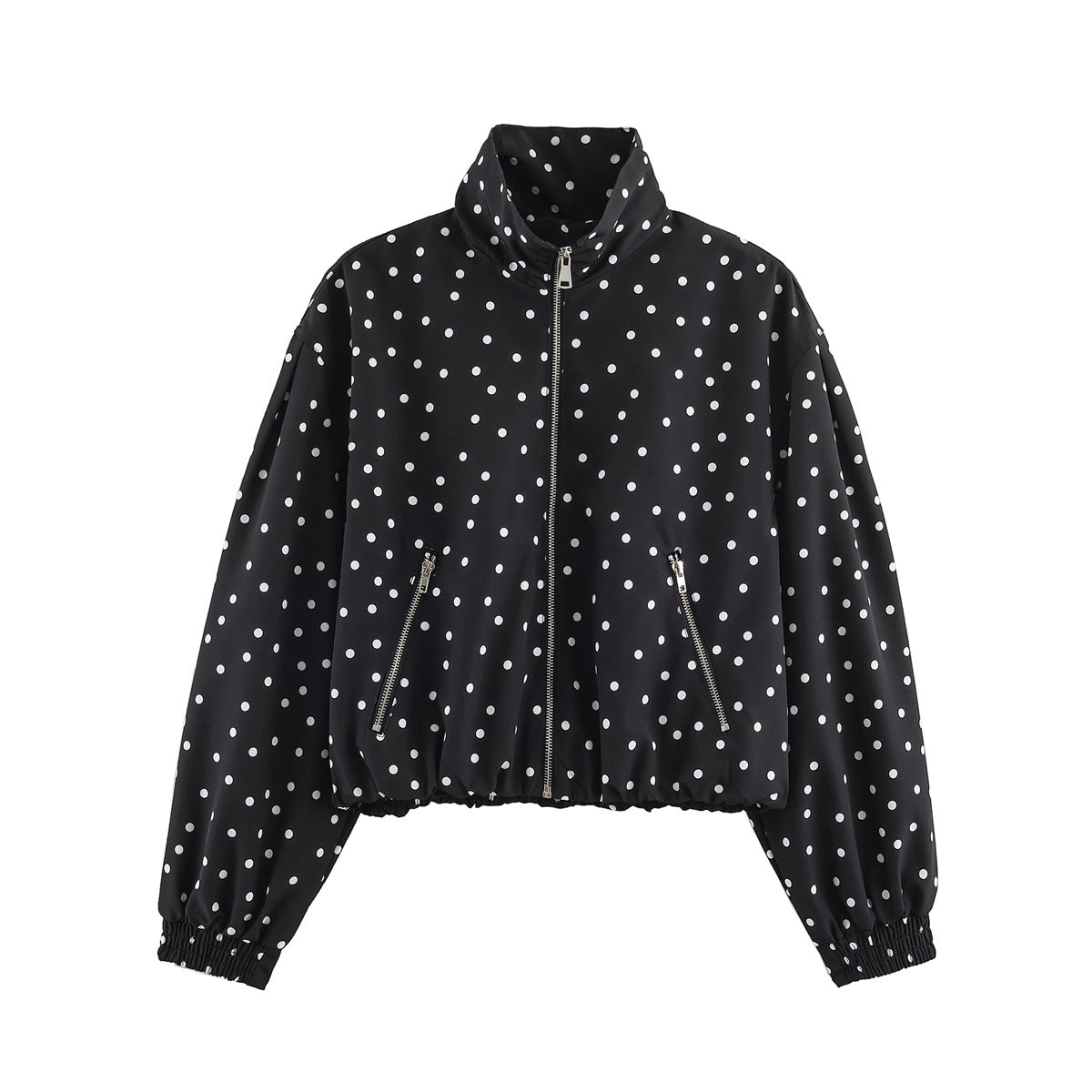Women Cropped Dotted Bomber Jacket with High Stand Collar, Zipper Pockets, and Elastic Hem Fashion Glam