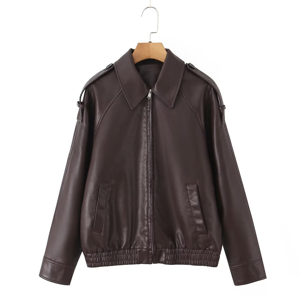 Women's Oversized Faux Leather Flight Jacket with Bonded Collar, Shoulder Epaulettes, and Elastic Hem Fashion Glam