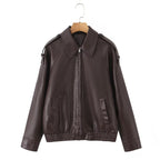 Women's Oversized Faux Leather Flight Jacket with Bonded Collar, Shoulder Epaulettes, and Elastic Hem Fashion Glam