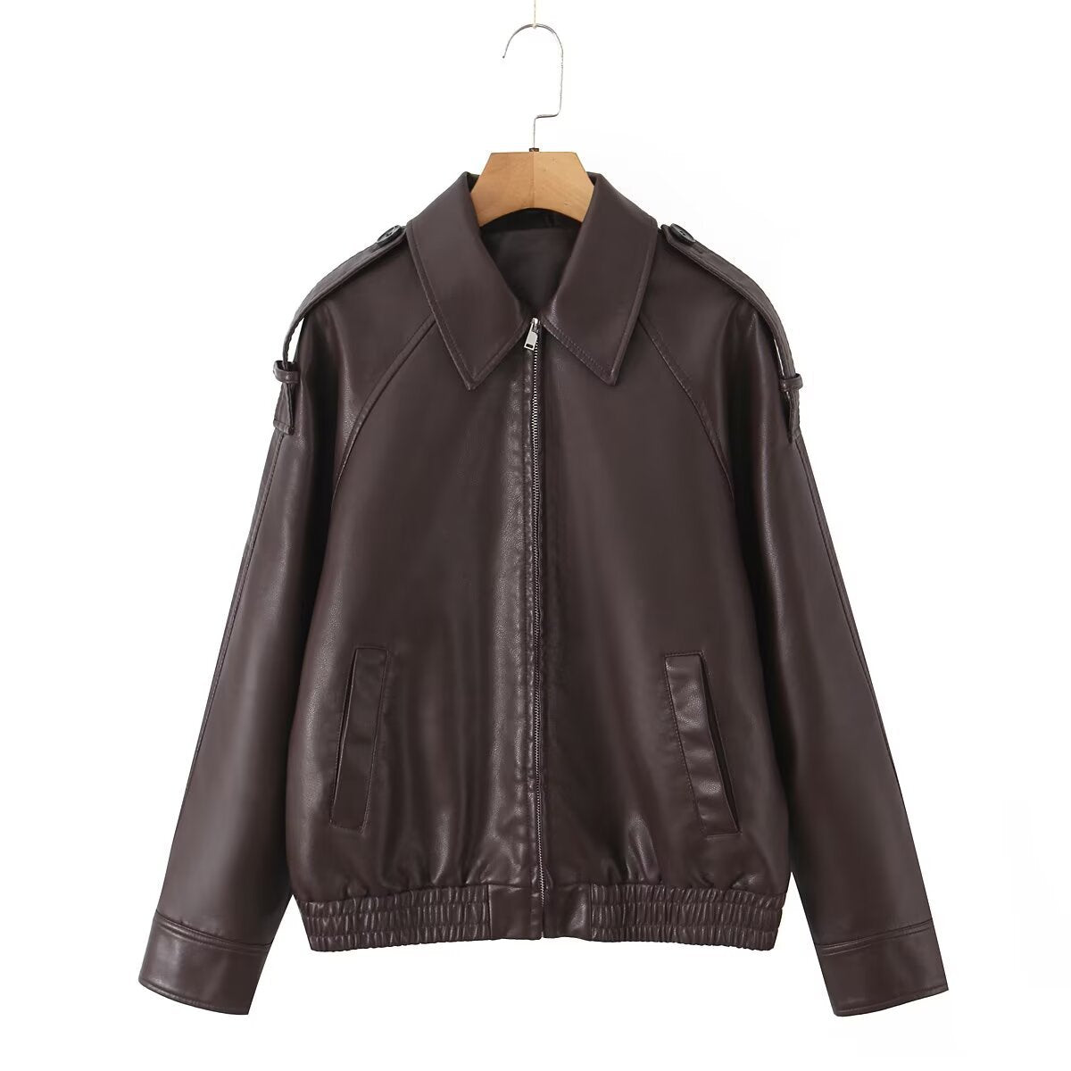 Women's Oversized Faux Leather Flight Jacket with Bonded Collar, Shoulder Epaulettes, and Elastic Hem Fashion Glam