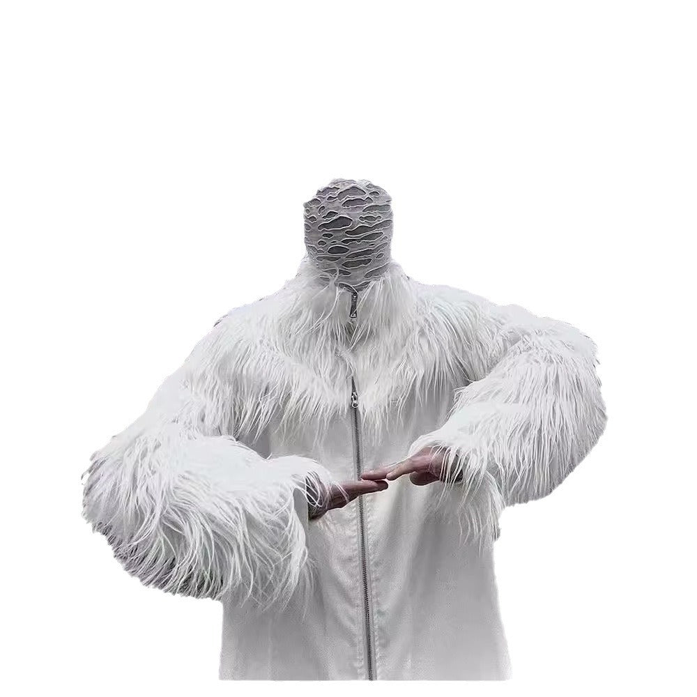 Men's Statement Faux Fur Jacket with Long Shaggy Sleeves and Asymmetrical Zipper Fashion Glam