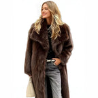 Women's Long High-Pile Faux Fur Coat with Oversized Lapel Collar and Straight Silhouette Fashion Glam