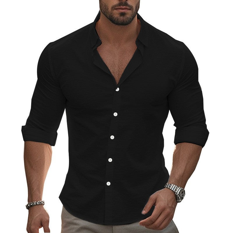 Men's fitted stretch shirt with stand-up collar, slim fit and rolled-up sleeves Fashion Glam