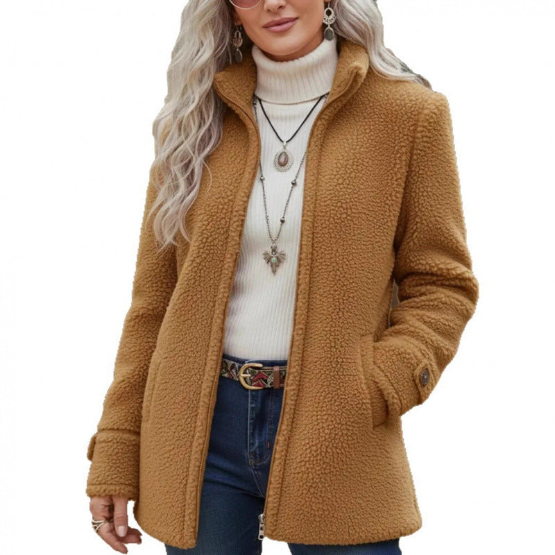 Women Cozy Teddy Cardigan Coat with Stand-Up Collar, Hidden Zipper and Decorative Button Cuffs Fashion Glam