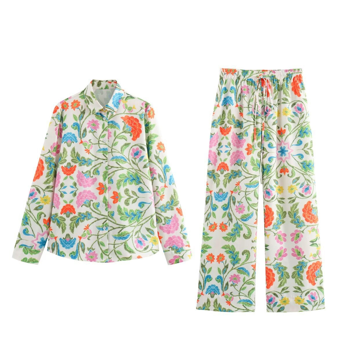Women's wide palazzo pants with drawstring waistband and floral embroidery look Fashion Glam