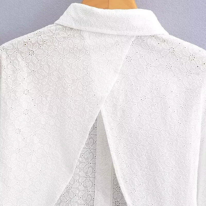 Women's Short-Cut Eyelet Embroidery Blouse with Shirt Collar and Long Ties Fashion Glam