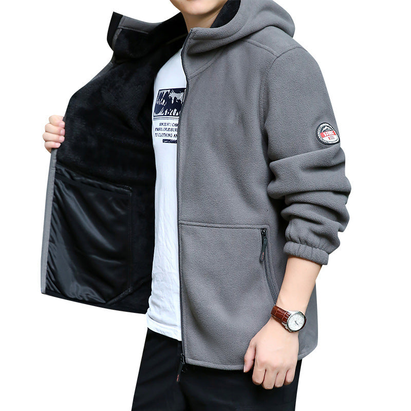 Men's fleece hooded jacket for outdoor with thermal lining, windproof surface and zip pockets Fashion Glam