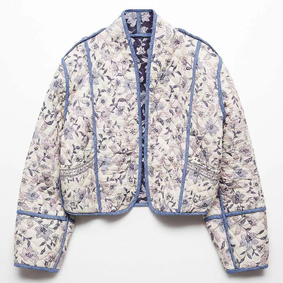 Ladies Short Quilted Bomber Jacket with Floral Jacquard and Contrast Piping Fashion Glam