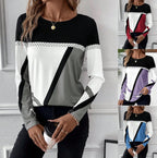 Women's Long Sleeve Shirt with Graphic Colorblock Design and Round Neck Fashion Glam