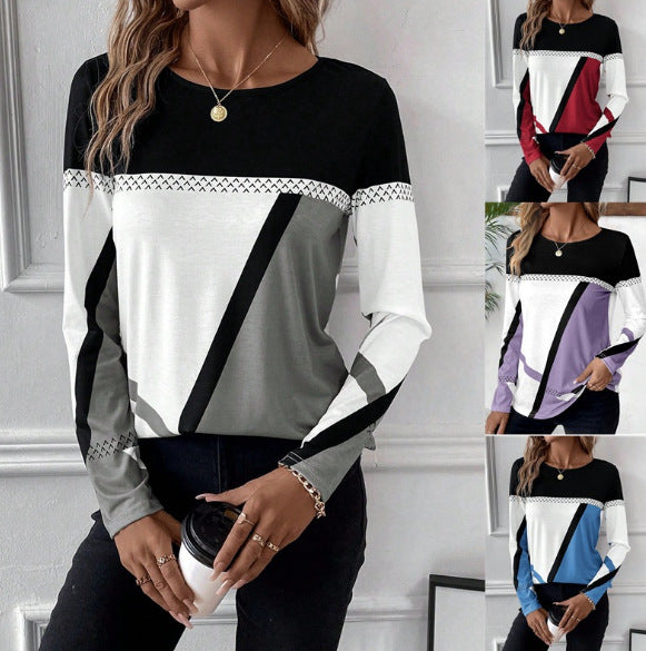 Women's Long Sleeve Shirt with Graphic Colorblock Design and Round Neck Fashion Glam