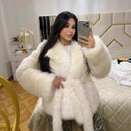 Women's short coat made of long-pile faux fur with a waist-defining tie belt Fashion Glam