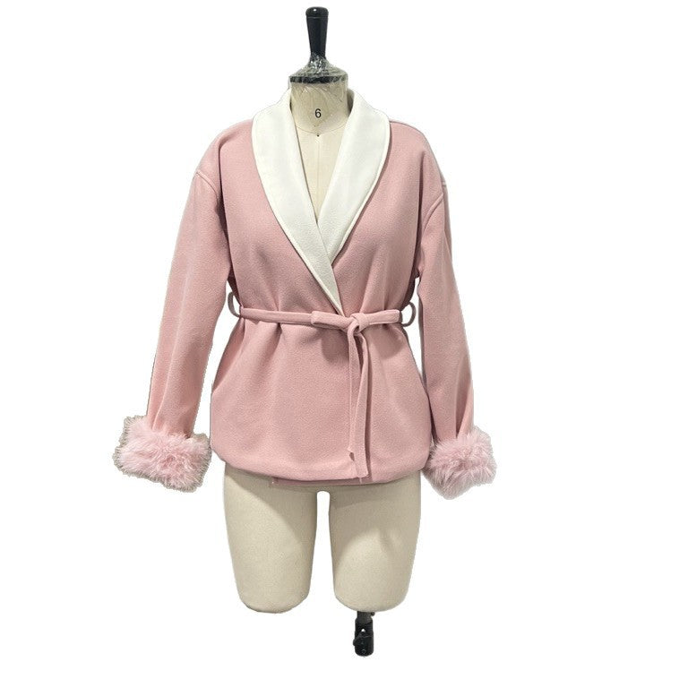 Women's short coat with shawl collar, tie belt and striking faux fur cuffs Fashion Glam