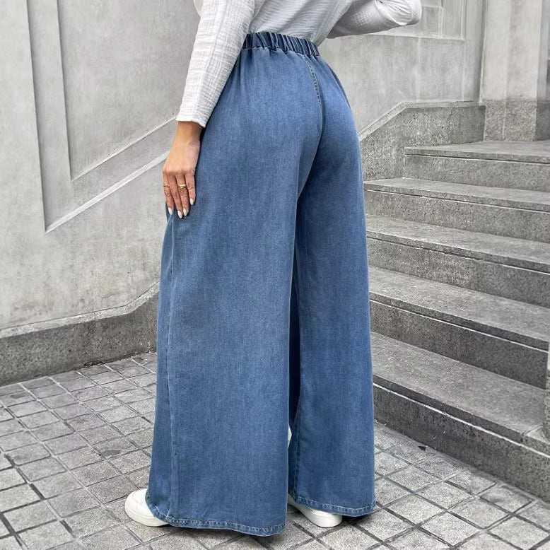 Women's Relaxed Palazzo Jeans with Drawstring Waist, Side Pockets and Extra Wide Leg Fashion Glam