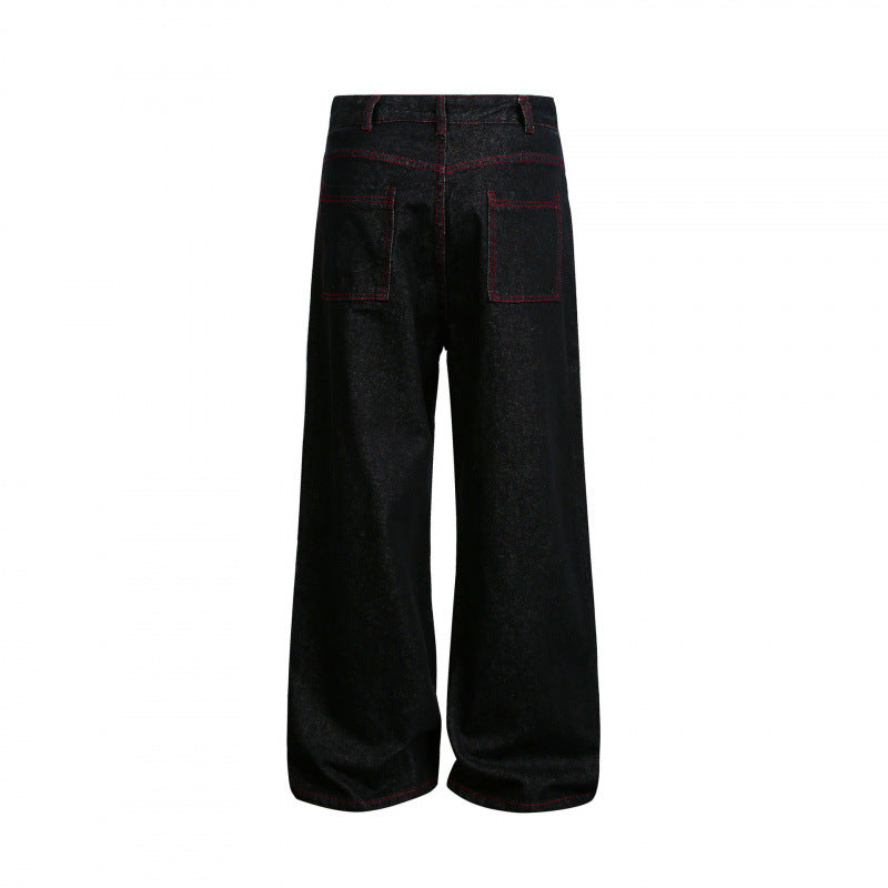 Women Wide High-Waist Denim Pants in Utility Look with Contrast Stitching Fashion Glam