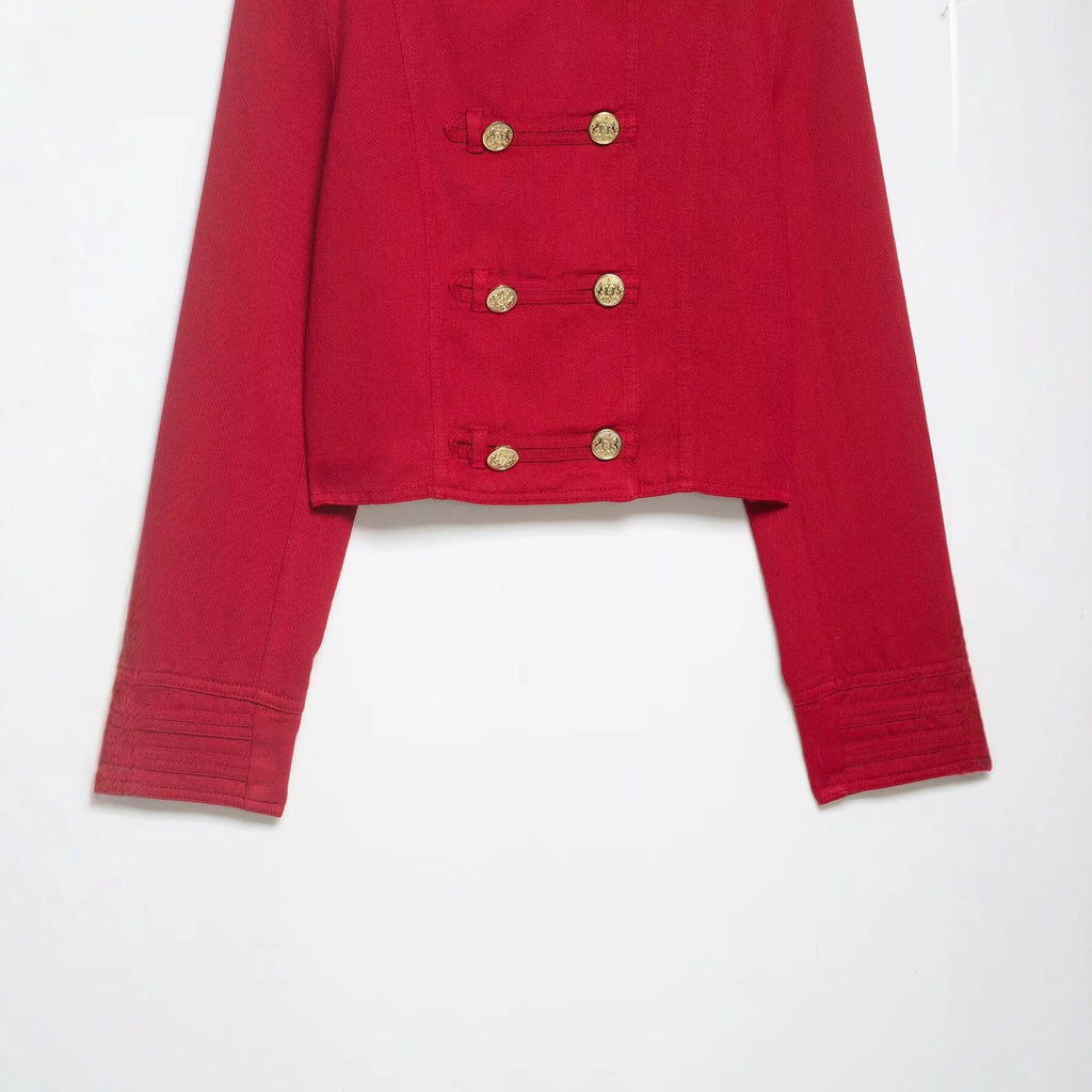 Women Cropped Military Jacket in Sailor Style with Golden Decorative Straps and Stand-Up Collar Fashion Glam