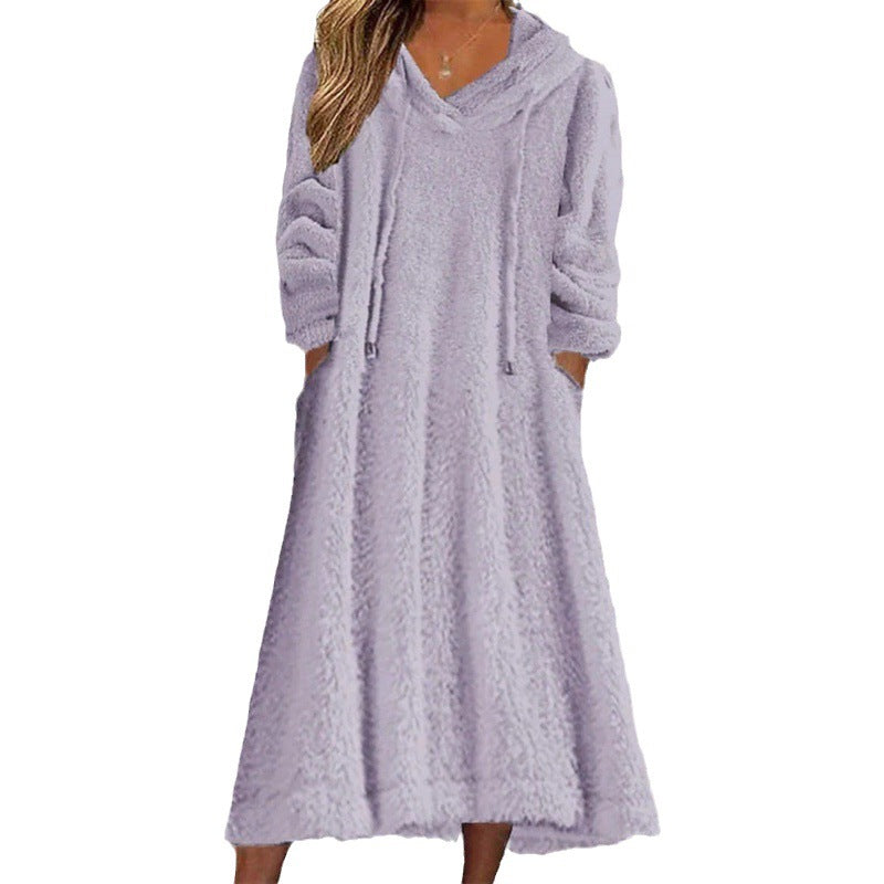 Ladies maxi dress made of teddy fleece with hood, V-neck and side pockets Fashion Glam