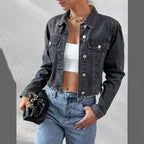 Women's cropped fitted denim jacket with raw fringe hem and flap pockets Fashion Glam