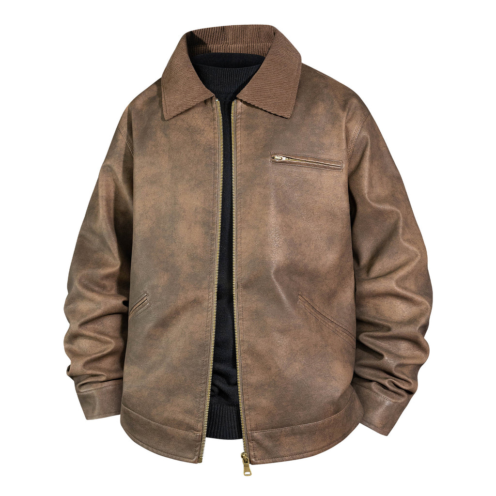 Men's Vintage Leather Bomber Jacket with Ribbed Collar Fashion Glam