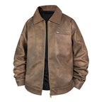 Men's Vintage Leather Bomber Jacket with Ribbed Collar Fashion Glam