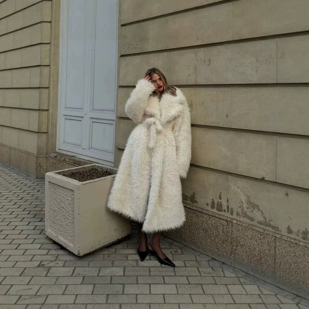 Women’s Maxi Faux Fur Coat with Voluminous Shawl Collar and Wrap Belt Fashion Glam