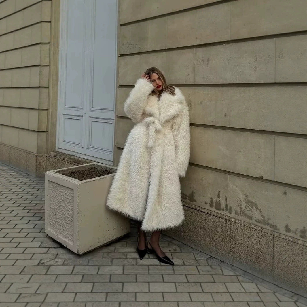 Women’s Maxi Faux Fur Coat with Voluminous Shawl Collar and Wrap Belt Fashion Glam