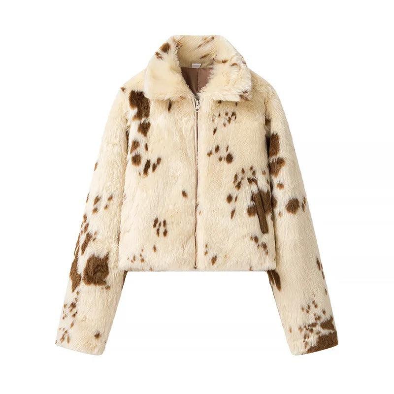 Women's Short Cropped Faux Fur Jacket with Stand-Up Collar and Spot Pattern Fashion Glam