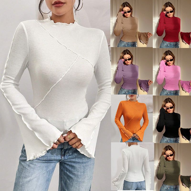 Ladies Fitted Ribbed Long Sleeve Shirt with Stand-up Collar and Ruffled Hem Fashion Glam