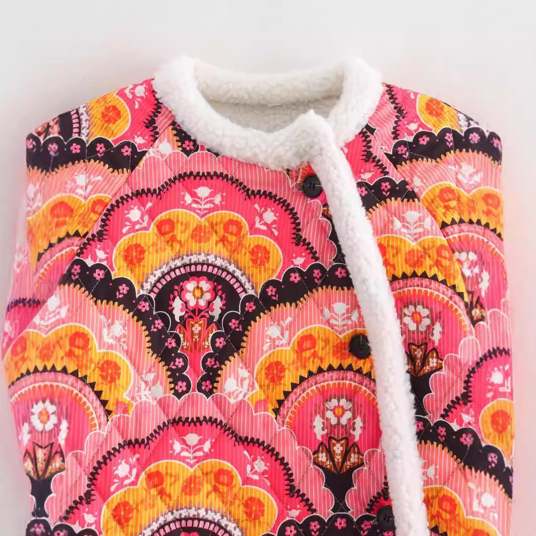 Women's quilted jacket with teddy lining and retro ornament print Fashion Glam