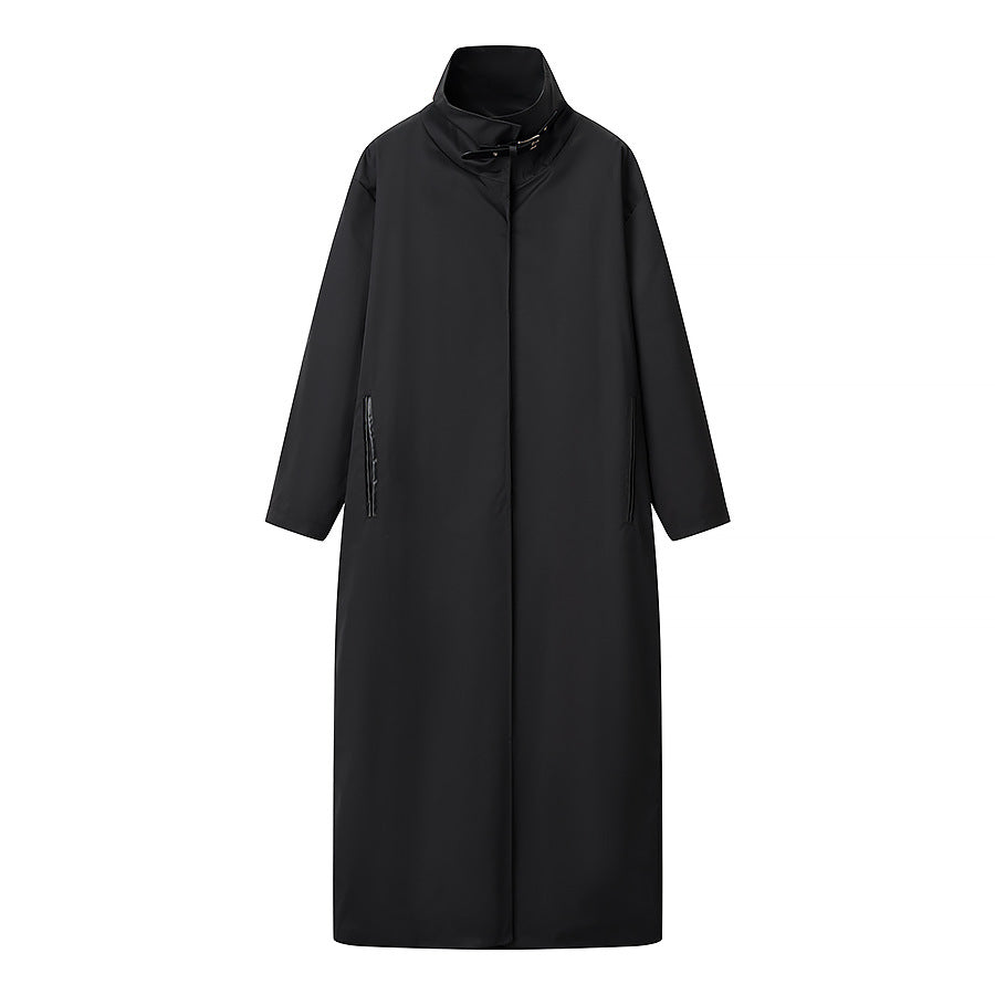 Women's Longer Minimalist Coat with High Stand-Up Collar and Concealed Front Fashion Glam