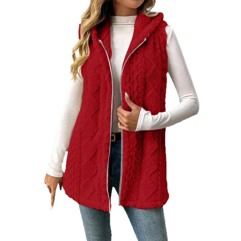 Women's Hooded Teddy Vest with Zipper and Structured Knit Look Fashion Glam