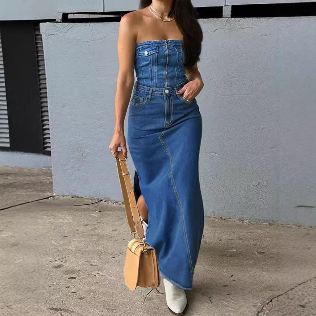 Ladies High-Waist Maxi Skirt made of Denim with front decorative seam and side leg slit Fashion Glam