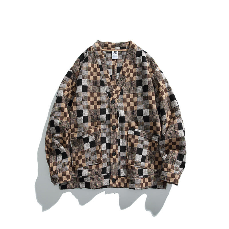 Unisex Boxy Cardigan in Patchwork Check with V-neck, snap front, and patch pockets Fashion Glam