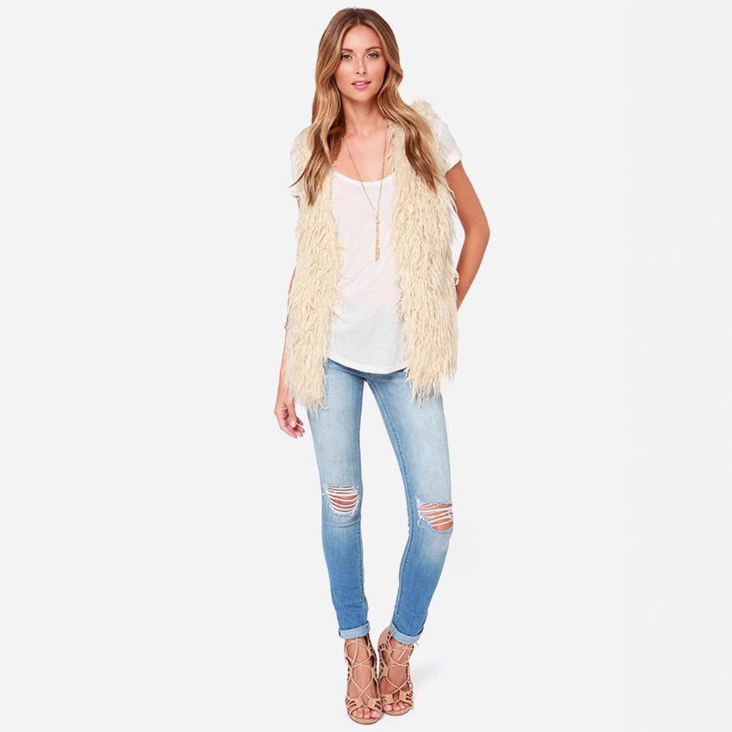 Women Sleeveless Shaggy Faux Fur Vest with Long Pile and Open Hem Fashion Glam