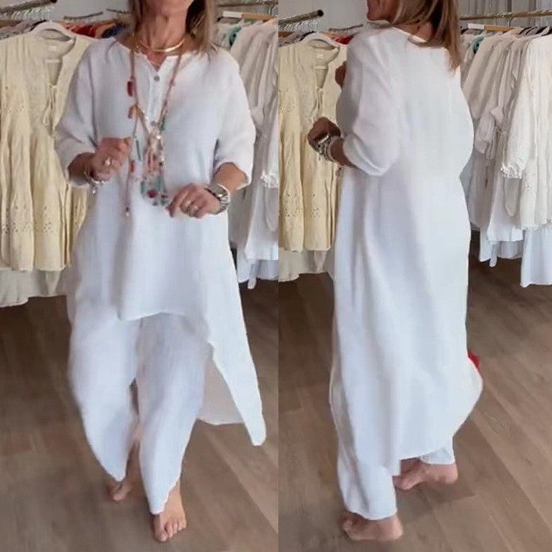 Women's Midi-Length Linen Tunic Set with Asymmetric Hem and Wide Palazzo Pants Fashion Glam