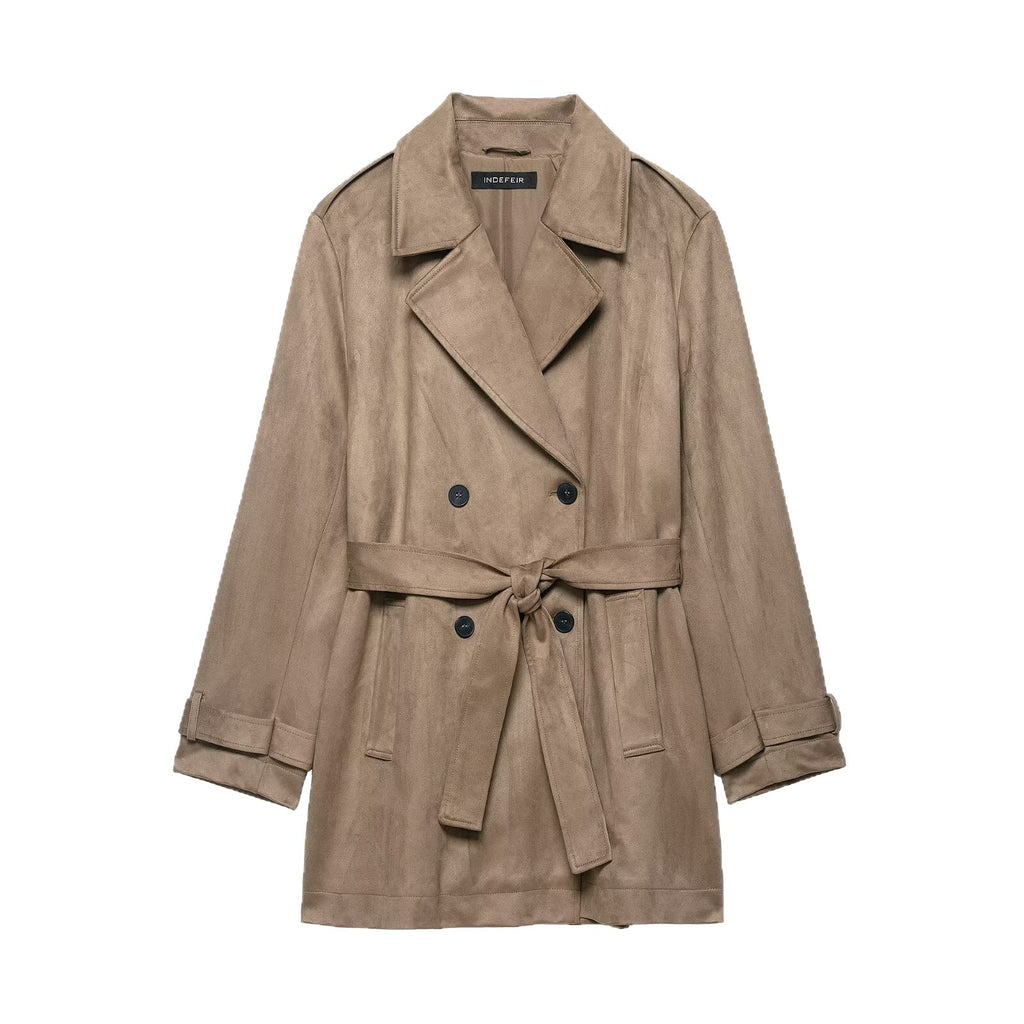 Women's Double Breasted Suede Effect Trench Coat with Waist Belt Fashion Glam
