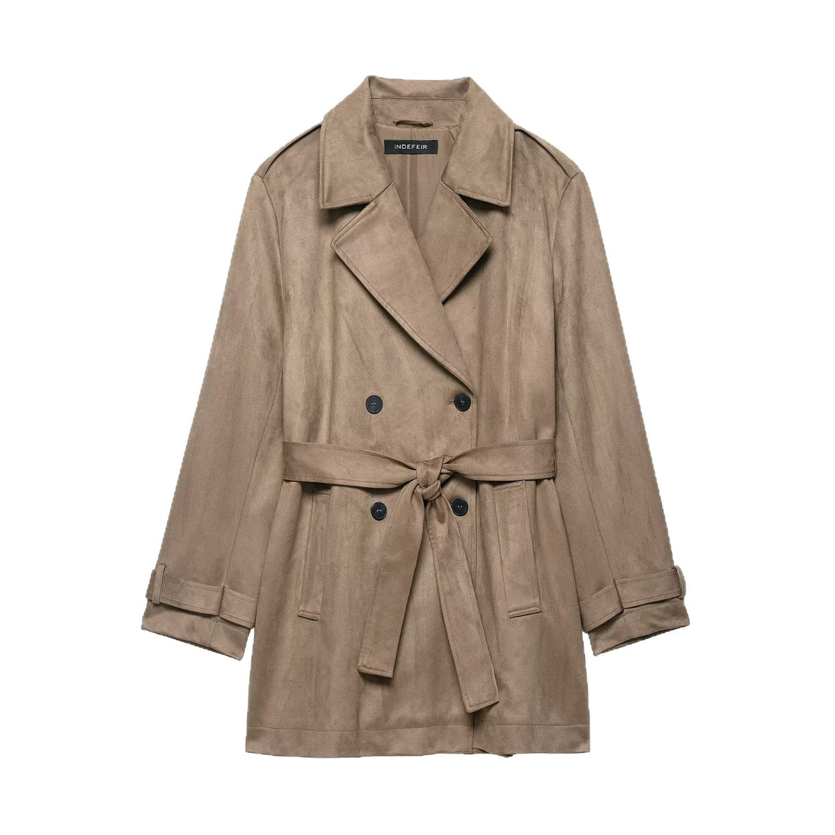 Women's Double Breasted Suede Effect Trench Coat with Waist Belt Fashion Glam