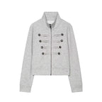 Women's Cropped Sweat Jacket in Military Look with Stand-up Collar and Decorative Button Placket Fashion Glam