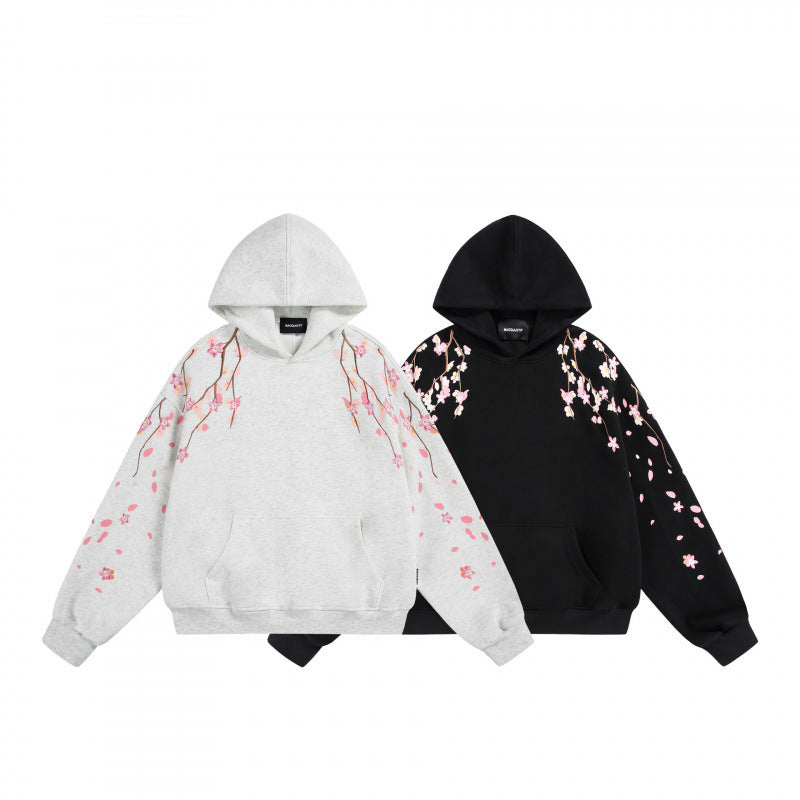 Unisex Oversize Hoodie with Cherry Blossom Print, Kangaroo Pocket and Loose Fit Fashion Glam