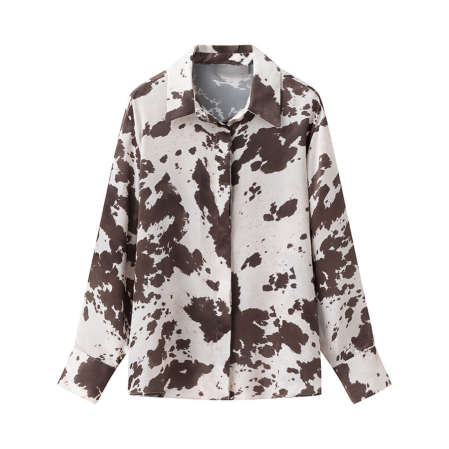 Women's loosely cut shirt blouse with cow spot print and concealed button placket Fashion Glam