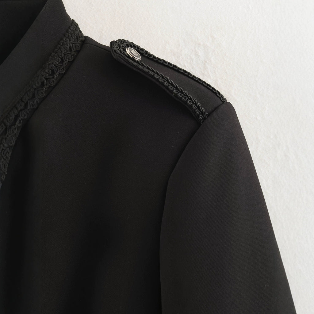 Women's Short Military-Style Blazer with Cord Decoration, Stand Collar and Decorative Frog Buttons Fashion Glam