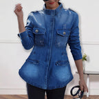 Women tailored denim jacket in military style with stand-up collar and flap pockets Fashion Glam