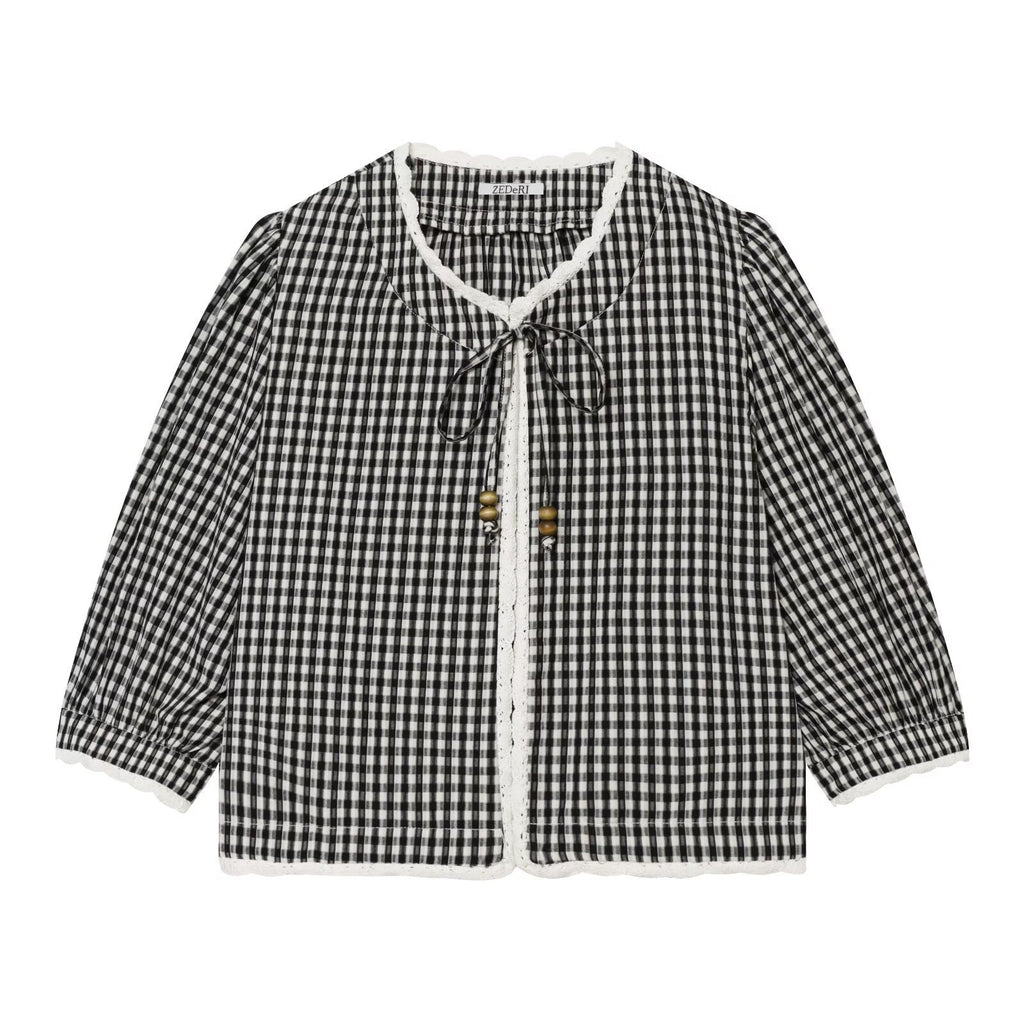 Ladies Vichy Check Blouse with Lace Trim, Tie Band and Three-Quarter Balloon Sleeves Fashion Glam