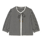 Ladies Vichy Check Blouse with Lace Trim, Tie Band and Three-Quarter Balloon Sleeves Fashion Glam