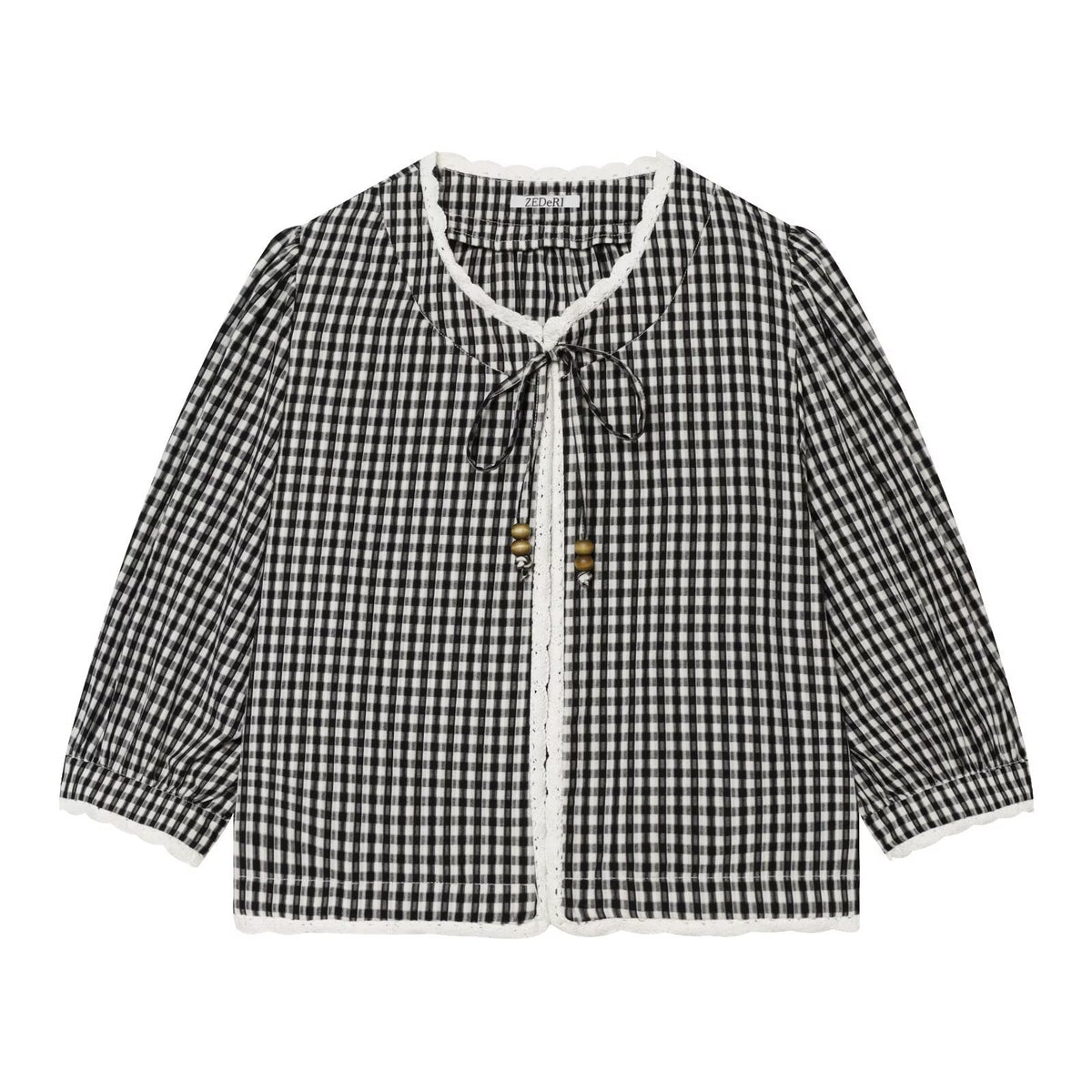 Ladies Vichy Check Blouse with Lace Trim, Tie Band and Three-Quarter Balloon Sleeves Fashion Glam